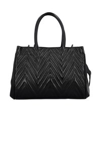 Sac à main noir avec une finition texturée à motif en chevron, double anses et un design structuré. Fabriqué en matériau synthétique.