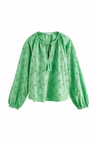 Blusa verde ricamata con una vestibilità ampia, maniche lunghe a sbuffo, scollatura rotonda e un dettaglio con fiocco sul davanti.