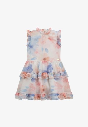 Vestido de niña en tela ligera con un patrón floral tipo acuarela en tonos rosa y azul. Presenta mangas con volantes y capas con encajes.