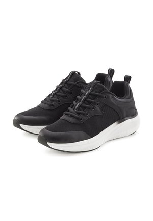 Black athletic shoes with a textured mesh upper, padded collar, lace-up design, and contrasting white midsole. Durable rubber outsole.