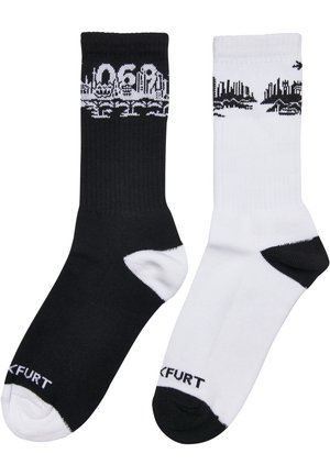 Schwarz-weiße Knöchelsocken mit grafischen Stadtlandschaften; gerippte Textur; kontrastierende Zehen- und Fersenpartien; bedrucktes Logo auf dem Fuß.