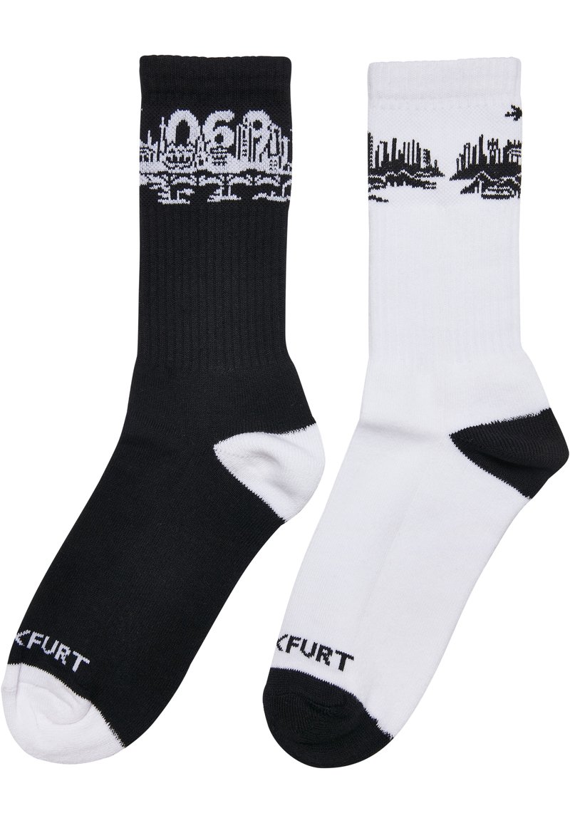 Schwarz-weiße Knöchelsocken mit grafischen Stadtlandschaften; gerippte Textur; kontrastierende Zehen- und Fersenpartien; bedrucktes Logo auf dem Fuß.