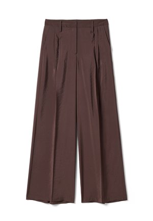 Brown wide-leg trousers with front pleats, belt loops, and side pockets, designed for a loose, comfortable fit.