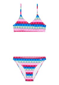 Twee-delig bikini set met een veelkleurig geometrisch patroon in roze, blauw, groen en rood. Heeft dunne bandjes en een low-rise onderkant.