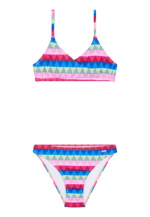 Twee-delig bikini set met een veelkleurig geometrisch patroon in roze, blauw, groen en rood. Heeft dunne bandjes en een low-rise onderkant.