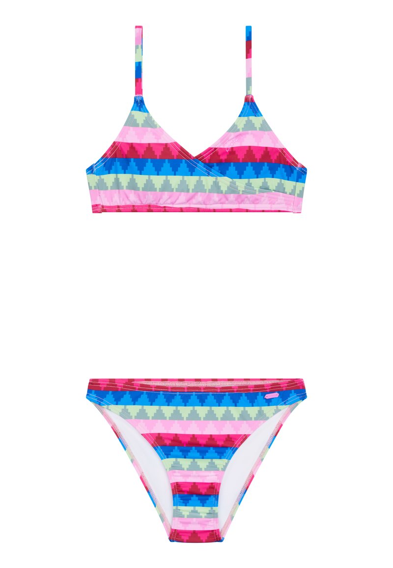 Twee-delig bikini set met een veelkleurig geometrisch patroon in roze, blauw, groen en rood. Heeft dunne bandjes en een low-rise onderkant.