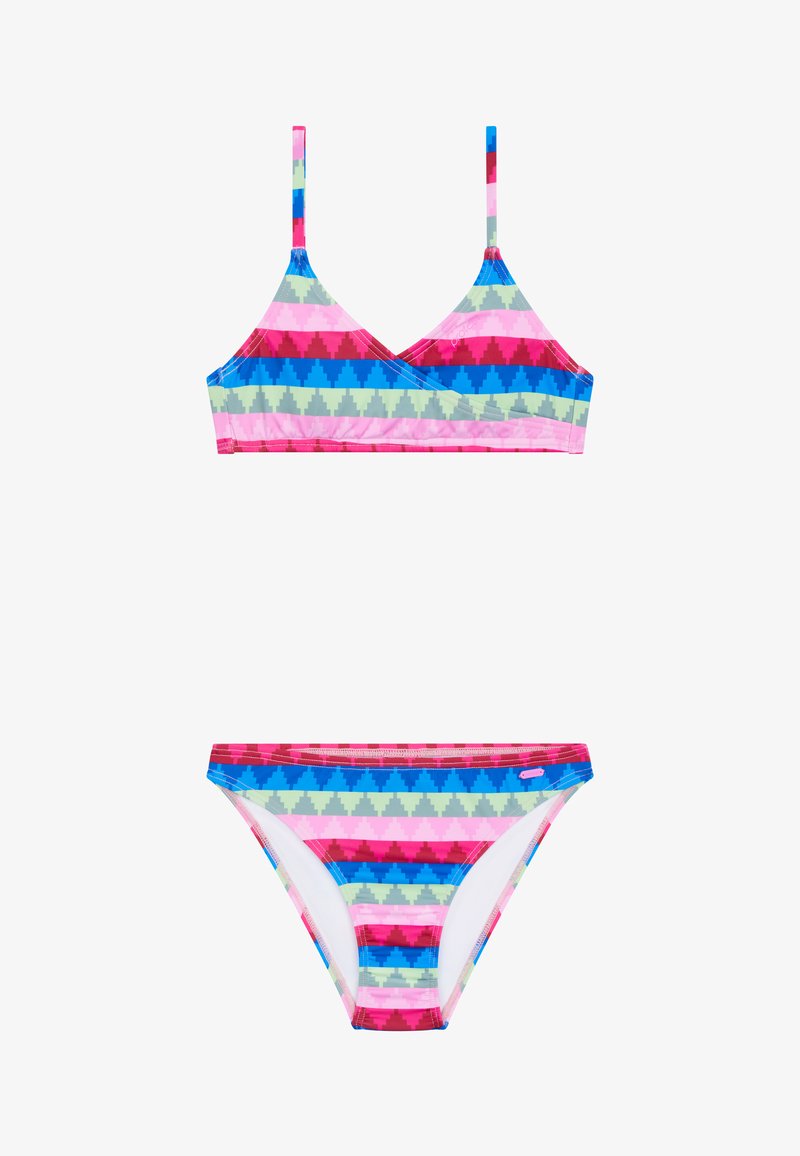 Twee-delig bikini set met een veelkleurig geometrisch patroon in roze, blauw, groen en rood. Heeft dunne bandjes en een low-rise onderkant.