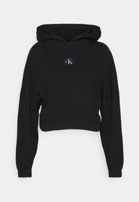 Czarna krótka bluza z kapturem wykonana z miękkiego materiału. Posiada kaptur ze sznurkiem, długie rękawy oraz małe logo marki z przodu.