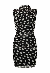 Schwarzes Kleid mit weißen Punkten, ärmellos, hoher Ausschnitt, geraffte Textur, figurbetonte Silhouette, mit dezentem Markenlogo nahe dem Saum.