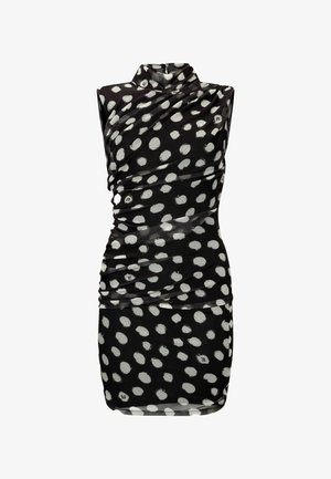 Juoda suknelė su baltais taškeliais, be rankovių, aukštu apykaklės kirpimu, raukšlėtas audinys, prigludęs siluetas, su subtiliu prekės ženklu netoli apatinio krašto.