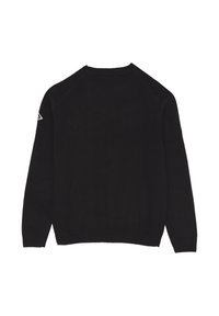 Maglione nero a maglia con maniche lunghe e scollo rotondo. Presenta un'applicazione triangolare sulla manica sinistra e polsini e orlo a costine.