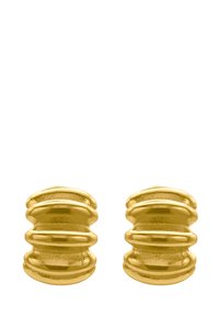 Orecchini in oro con un design rigato e estremità arrotondate, caratterizzati da una superficie liscia e una finitura lucida.