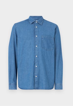 Denim särk, helesinine, pikkade varrukatega, nööpidega esiosa, krae, üks rinnatasku, sirge alläärega, peene tekstuuriga, juhuslik disain.