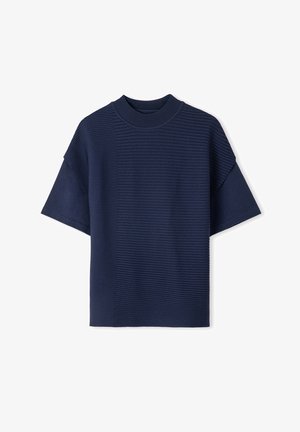 Marineblaues Kurzarmoberteil mit weiter Passform, versehen mit geripptem Stoff und rundem Halsausschnitt. Glatte Oberfläche mit kontrastierendem Paneeldesign.