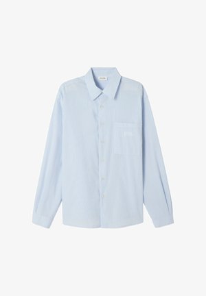 Light blue button-up shirt with thin white vertical stripes, long sleeves, pointed collar, and a chest pocket on the left side.