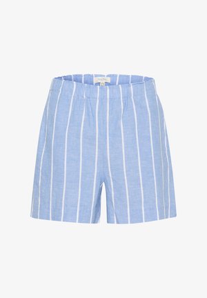 Lichtblauwe linnen shorts met witte verticale strepen, voorzien van een elastische tailleband en een relaxte pasvorm. Glad textuur en casual ontwerp.