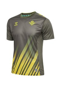 Grön och gul kortärmad sporttröja med ett gradientrandmönster, med logotyp och krage, tillverkad av lättviktsmaterial.