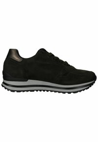 Dunkelgrüner Wildlederschuh mit schwarzem Lederakzent, Schnürdesign und einer strukturierten Sohle mit einem weißen und schwarzen Streifenelement.