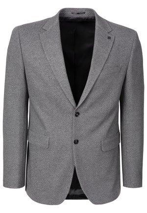 Grauer strukturierter Herrenblazer mit Revers mit Kerbe, zwei vorderen Knöpfen, Pattentaschen und schwarzem Innenfutter, sichtbar durch die offene Vorderseite.