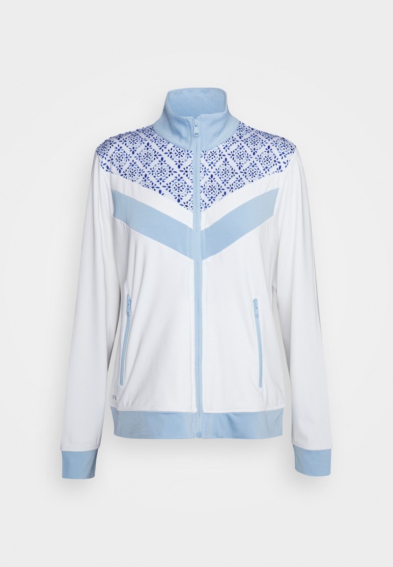 Bílá zipová bunda s světle modrými akcenty, obsahující vzorovanou část v modré barvě. Má boční kapsy a žebrované manžety. Měkká textura látky.