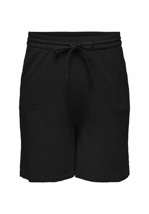 Schwarze Shorts aus strukturiertem Material mit einem elastischen Bund und Kordelzug. Das Design ist einfach ohne zusätzliche Muster oder Akzente.