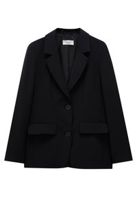 Blazer noir cintré avec manches longues, deux poches avant à rabat, col à revers cranté et fermeture à deux boutons, présenté sur un fond uni.