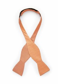Persikofärgad fluga med svarta prickar, tillverkad av slät tyg. Den har en klassisk form med två breda ändar och ett nackband.