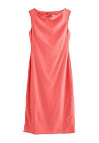Abito senza maniche color corallo con scollatura a barca e un leggero lucido, caratterizzato da una silhouette dritta e chiusura con cerniera sul retro.
