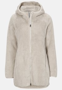 Huppari, jossa on pehmeä beige fleece ja huppu, täyspitkä vetoketju, leveät hihat ja suunniteltu mukavaksi ja lämpimäksi.