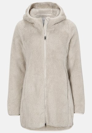 Fuzzy beige hoodie van fleece met volledige rits, met een zachte textuur en ruime mouwen, ontworpen voor comfort en warmte.