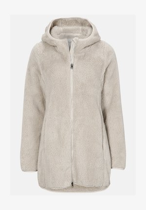 Flauschige beige Kapuzenfleecejacke mit durchgehendem Reißverschluss, die eine weiche Textur und weite Ärmel aufweist, entworfen für Komfort und Wärme.
