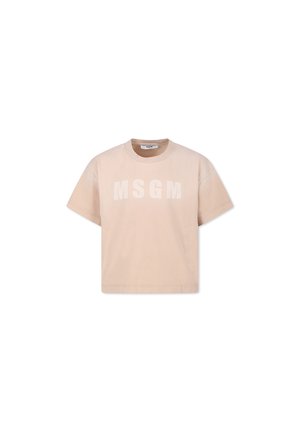 T-shirt a maniche corte, collo rotondo, di colore beige chiaro con logo "MSGM" in una tonalità leggermente più chiara. Realizzato in cotone, presenta una vestibilità rilassata.