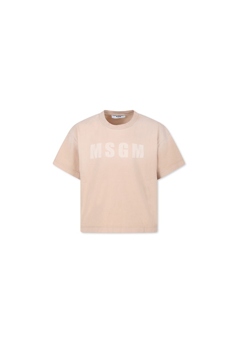 Korte mouwen, ronde hals T-shirt in lichtbeige met het "MSGM" logo in een iets lichtere tint. Gemaakt van katoen, heeft een ontspannen pasvorm.