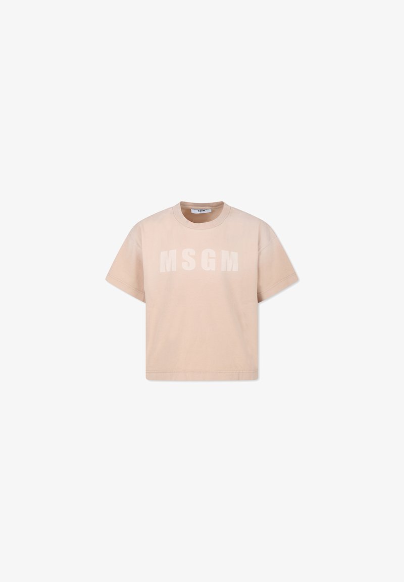 Korte mouwen, ronde hals T-shirt in lichtbeige met het "MSGM" logo in een iets lichtere tint. Gemaakt van katoen, heeft een ontspannen pasvorm.