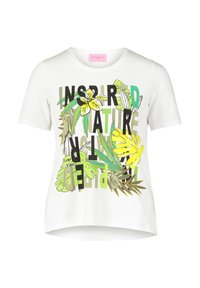 T-shirt blanc à manches courtes avec un imprimé graphique coloré de feuilles et de fleurs, accompagné du texte "INSPIRÉ PAR LA NATURE". Tissu doux, coupe décontractée.