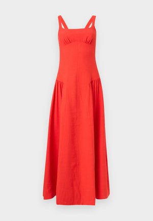 Κόκκινο αμάνικο μάξι φόρεμα με τετράγωνη λαιμόκοψη και εφαρμοστή μπλούζα, με λεπτομέρειες ραφής στη μέση και ροή φούστας.