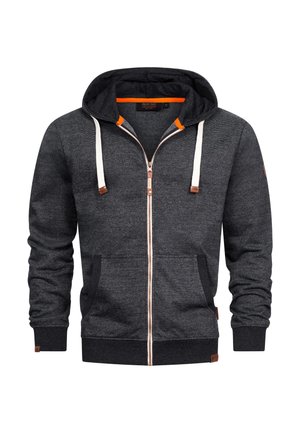 Gray zip-up hoodie with orange interior, white drawstrings, soft texture, front pockets, and a leather logo accent on the side.