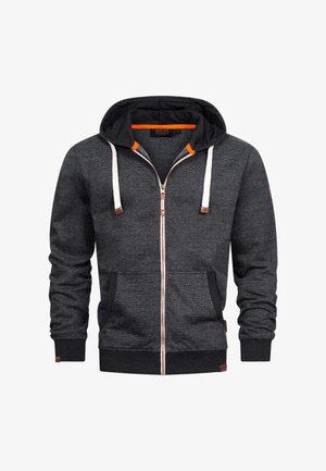 Gray zip-up hoodie with orange interior, white drawstrings, soft texture, front pockets, and a leather logo accent on the side.