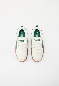 Hvite sneakers med grønne detaljer, med snørebånddesign, tykk gummisåle og merkevare på tungen og sidene. Teksturen er jevn.