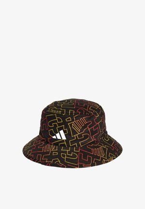 Black bucket hat with a colorful abstract pattern in yellow and red. Equipped with a white logo accent, made from lightweight fabric.