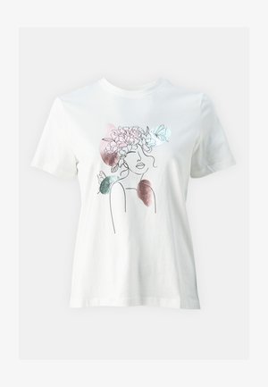 Balta kokvilnas T-kreklā ir attēlots zīmējums ar sievietes seju, kuru ieskauj ziedu un tauriņu ilustrācijas maigās krāsās.