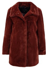 Brązowy płaszcz z futerkiem sztucznym, z szerokim kołnierzem, długimi rękawami i bez widocznych zapięć. Wnętrze wyściełane kontrastową wzorzystą podszewką.