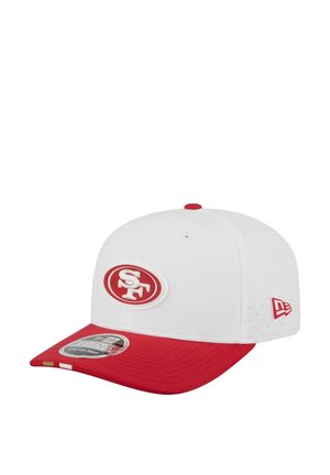White and red baseball cap with a red "SF" logo on the front and a New Era logo on the side.