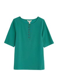 Teal rebrasta kratka majica s okruglim izrezom i pet dugmadi. Mekani materijal, ležeran kroj i čista boja bez uzoraka.