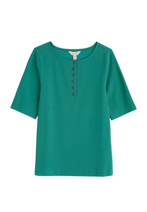 Teal ribbed short-sleeve top with a rounded neckline and five button placket. Soft texture, relaxed fit, and solid color without patterns.