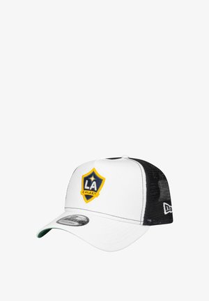 White cap with black mesh back, featuring a blue and yellow LA Galaxy logo on the front, green underside of the visor, and adjustable strap.
