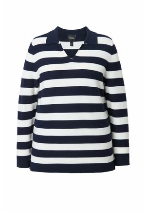 Suéter a rayas en azul marino y blanco con escote en forma de V y cuello. Fabricado en un material de punto texturizado, con mangas largas y puños acanalados.