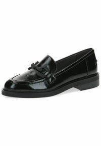 Mustad nahast loafers ümarate varvastega, millel on dekoratiivne lipsu aktsent ja madal, tekstureeritud kummitald.