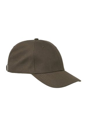 Sötétbarna, állítható pamut baseballsapka ívelt karimával és felső, valamint oldalsó részén varrott szellőzőlyukakkal.
