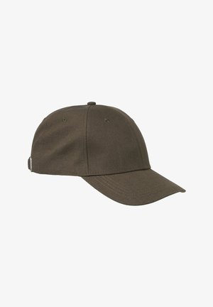 Mørkebrun justerbar baseballcaps i bomull med buet skjerm og sydd ventilasjonshull på toppen og sidene.